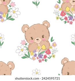 Hand Drawn Cute little Bear and flowers seamless pattern, vector illustration kids design