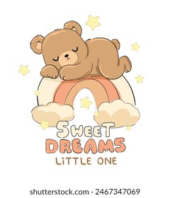 Hand Drawn Cute little bear sleeping on the rainbow, vector illustration, Print for baby, newborns design for pajamas 