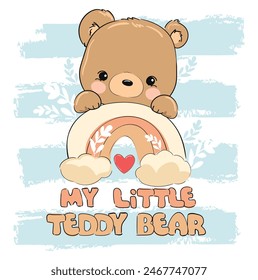 Hand Drawn Cute little bear on the rainbow, vector illustration, Print for baby, newborns design