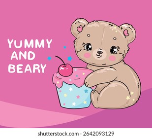 Hand Drawn Cute little Bear with cake vector  illustration design