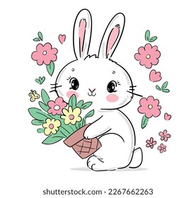 Hand drawn cute little bunny holds a bouquet of flowers in its paws vector illustration kids print