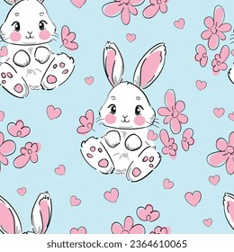Hand drawn cute little bunny with pink flowers simple illustration childish print for textiles seamless pattern vector