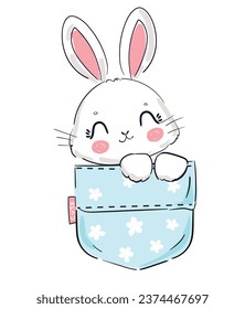 Hand drawn cute little bunny sitting in a pocket vector illustration, Kids Print