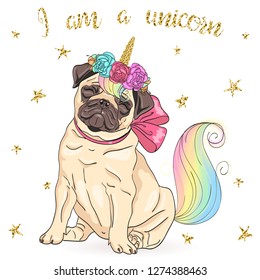 Hand drawn cute, little cartoon dog pug unicorn. Vector illustration.