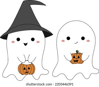 hand drawn cute little cartoon ghosts with pumpkins vector