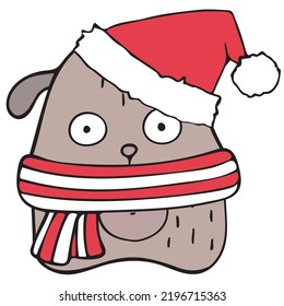Hand drawn cute little cat in a red knitted scarf and Santa hat isolated on white. Vector illustration. Simple doodle clipart for poster, baby projects, banner, cards, print, collage.