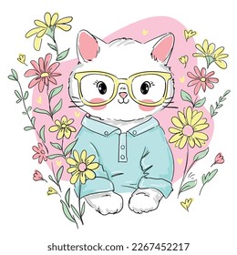 Hand drawn cute little cat with glasses and blue shirt on the flowers vector Illustration beautiful kids print for t-shirt