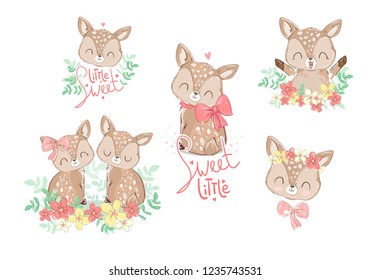 Hand Drawn Cute Little Deer. Letters - Sweet little. Print design, children print on t-shirt. Vector Illustration.