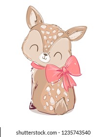 Hand Drawn Cute Little Deer and bow. Print design, children print on t-shirt. Vector Illustration.