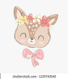 Hand Drawn Cute Little Deer in flowers. Print design, children print on t-shirt. Vector Illustration.