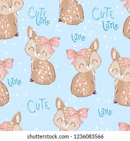 Hand Drawn cute little deer pattern seamless vector illustration. Children's print textile winter theme.