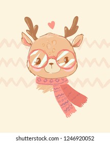 Hand Drawn cute little deer with glasses and a scarf with a heart on a decorative background. Greeting card for Valentine's day. Design print children's t-shirts. Vector.
Hand Drawn cute little deer with glasses and a scarf with a heart on a decorative background. Greeting card for Valentine's day. Design print children's t-shirts. Vector.