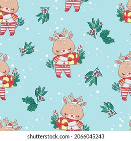 Hand Drawn Cute Little Deer Christmas gift packaging,  vector, seamless pattern. 