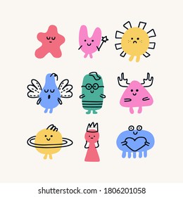 Hand drawn cute little doodle Monsters. Vector set. Trendy illustration for kids. 