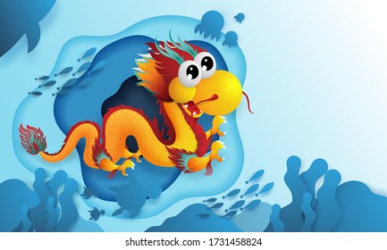 Hand drawn cute little dragon playing with sea animals. Vector illustration.