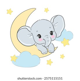 Hand Drawn cute little elephant sitting on the moon vector illustration