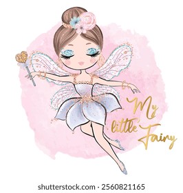 Hand drawn cute little fairy girl with a wand and flowers on her head. Vector illustration