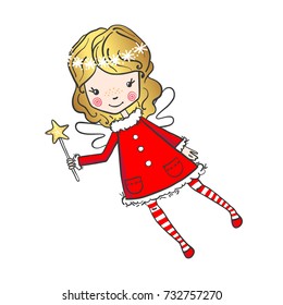 Hand drawn cute little fairy with a magic wand isolated on white background. Vector illustration. Design element for greeting cards, t-shirt and other