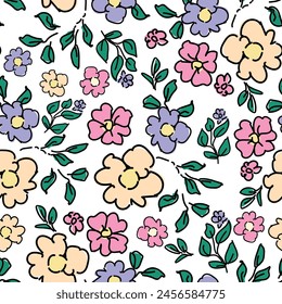 Hand Drawn Cute little flowers background seamless pattern vector illustration