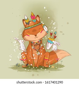 hand drawn cute little fox boho illustration for kids. Can be used for t-shirt print, kids wear fashion design, baby shower invitation card.