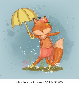 hand drawn cute little fox with an umbrella illustration for kids. Can be used for t-shirt print, kids wear fashion design, baby shower invitation card.