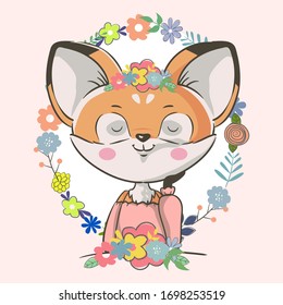 hand drawn cute little fox with flowers
