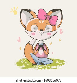 hand drawn cute little fox girl with tea cup