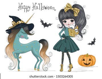 Hand drawn cute little girl witch with unicorn. Happy Halloween lettering. Vector illustration.