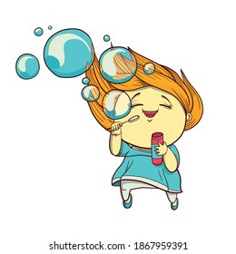 Hand drawn cute little girl with soap bubbles, design, mascot, logo or textile print