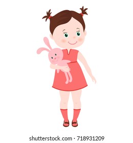 Hand drawn cute little girl with pretty bunny. Pink bunny, toy. Child Red dress.Beautiful vector illustration.