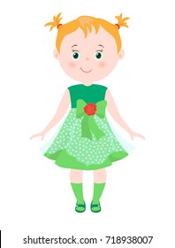 Hand drawn cute little girl. Child in green dress.Beautiful vector illustration.