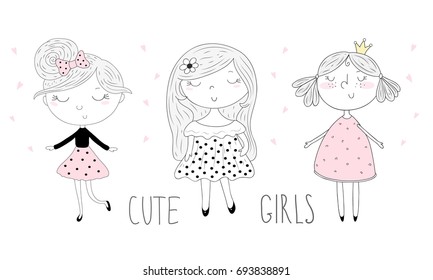 Hand Drawn cute little girls, doodle nursery illustration.