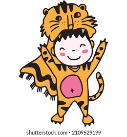 lindo niño dibujado a mano usando traje de tigre y lujoso ejemplo de taza vector EPS10