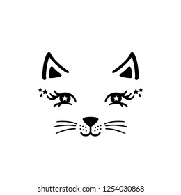 Hand drawn cute little kitty girl face. Sketch isolated cartoon illustration for kids print, t-shirt, book, textile, room poster, greeting card. Vector clipart character.