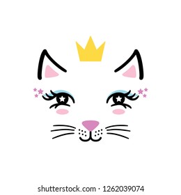 Handgezeichnete niedliche kleine Kätzchen Mädchen Gesicht mit Krone. Skizze einzelne Cartoon-Illustration für Kinder-Print, T-Shirt, Buch, Textil, Zimmer-Poster, Grußkarte. Vektorclipart-Zeichen.