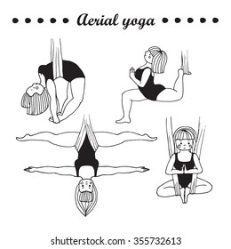 Hand drawn cute little lady making aerial yoga asanas. Black and white.