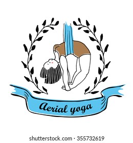 Hand drawn cute little lady making aerial yoga asanas. 