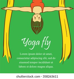 Hand drawn cute little lady making aerial yoga asanas. Trendy bright colors.