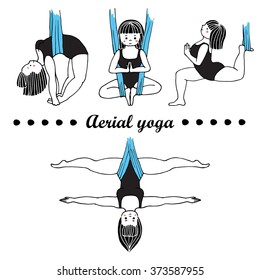 Hand drawn cute little lady making aerial yoga asanas. 