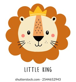 Hand drawn cute little lion king for printing T-shirts, cartoon nursery animal, baby shower decoration, posters, cards. Concept for children print.