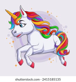 Hand drawn cute little magical unicorn character running with colorful hair isolated