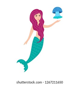 Hand drawn cute little mermaid girl with jellyfish. Color cartoon isolated illustration for kids print, t-shirt, book, textile, room poster, greeting card. Flat vector character.