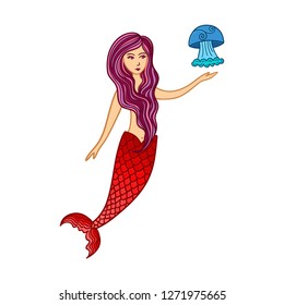 Hand drawn cute little mermaid girl with jellyfish. Color sketch isolated cartoon illustration for kids print, t-shirt, book, textile, room poster, greeting card. Vector clipart character.