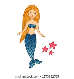 Hand drawn cute little mermaid girl with starfishes. Color sketch isolated cartoon illustration for kids print, t-shirt, book, textile, room poster, greeting card. Vector clipart character.