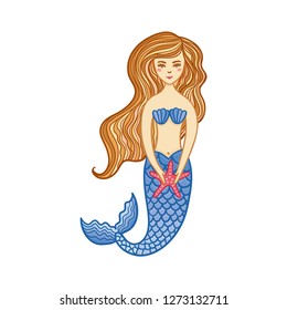 Hand drawn cute little mermaid girl with starfish. Color cartoon isolated illustration for kids print, t-shirt, book, textile, room poster, greeting card. Flat vector character.
