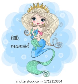 Hand drawn cute little mermaid girl with fish in her hands. Vector illustration.