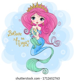 Hand drawn cute little mermaid girl with fish in her hands. Vector illustration.