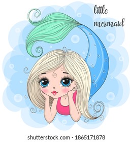 Hand drawn cute little mermaid girl. Vector illustration.