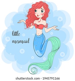 Hand drawn cute little mermaid girl. Vector illustration.