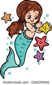 Hand Drawn Cute Little Mermaid With Star Fish